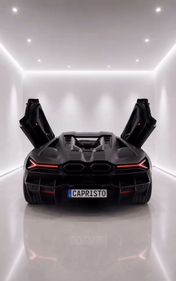 Lamborghini Revuelto negro con escape Capristo en un estudio blanco
